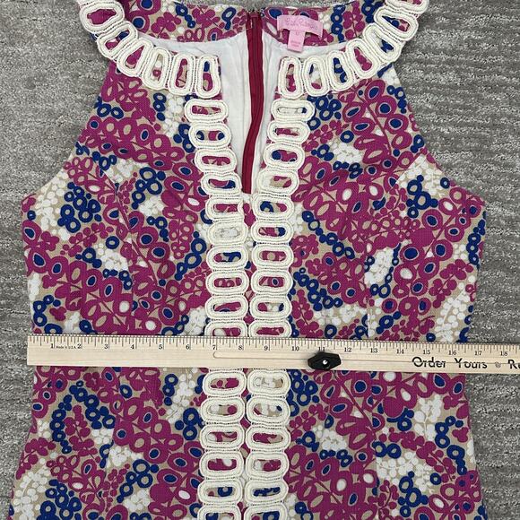 Lilly Pulitzer Dress Womens 12 Pink Blue Shift Sleeveless Lace Trim Printed - Picture 11 of 15